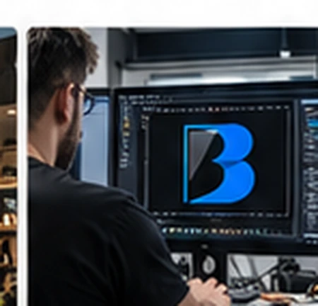 Graphic designer at a computer, from original concept one